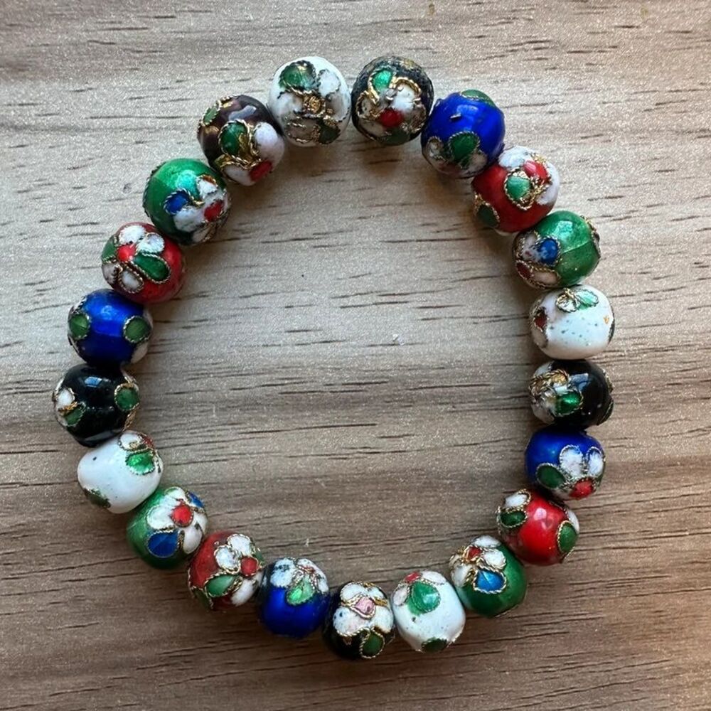 Vintage Cloisonné Enamel Beaded Stretch Bracelet Multicolor Floral Asian Style
